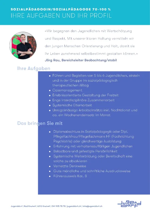 Sozialpädagogin / Sozialpädagoge (oder Pflegefachperson) 70-100% im Angebot stabil