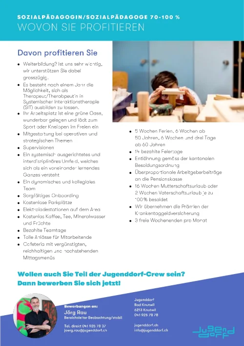 Sozialpädagogin / Sozialpädagoge (oder Pflegefachperson) 70-100% im Angebot stabil